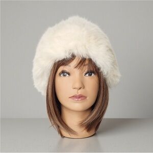 Women's Vintage Faux Fur Plush Fluffy Off White Warm Hat for Winter Outdoors